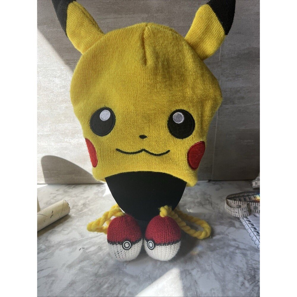 2015 Nintendo Beanie Hat Pokemon Pikachu Yellow Ear Flaps Braided Fringe Cap